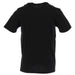 Black short-sleeved T shirt featuring a yellow and red logo for stylish casual wear