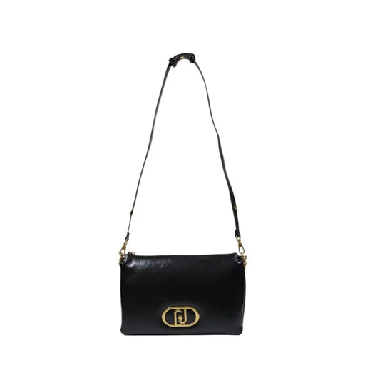 Black leather shoulder bag with gold chain and logo, stylish accessory for any occasion