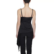 Black satin camisole with thin straps and draped asymmetrical hemline featuring a sweetheart neckline