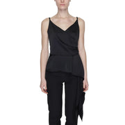Black satin camisole with draped front and peplum hem featuring a sweetheart neckline from black silence collection