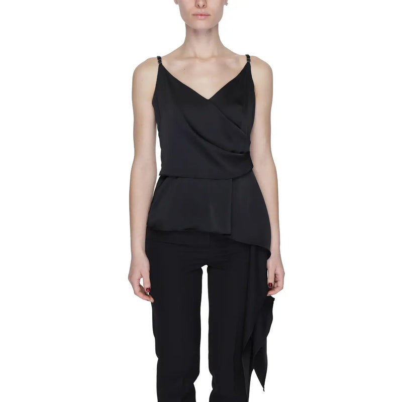 Black satin camisole with draped front and peplum hem featuring a sweetheart neckline from black silence collection