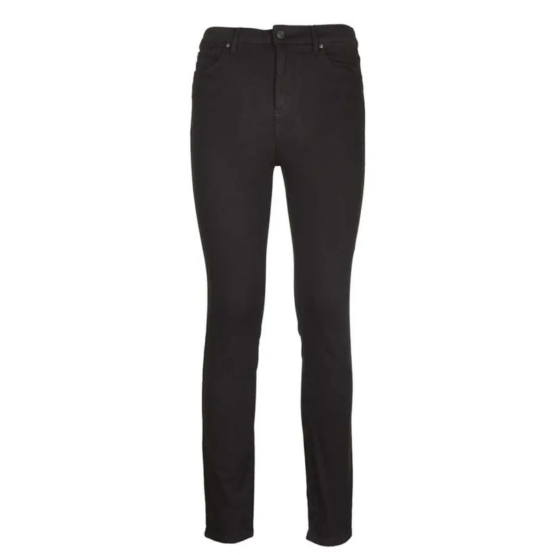 Black skinny denim jeans featuring slim fit black denim material with a classic five-pocket design