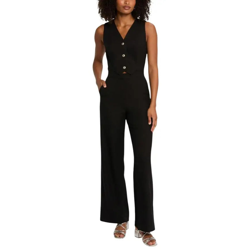 Black sleeveless button front jumpsuit with pockets featuring a v-neckline in a sleek black fabric