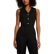Black sleeveless button front jumpsuit with v-neckline silver buttons and pockets ideal for stylish casual wear