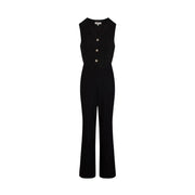 Black sleeveless jumpsuit with v-neckline three gold-toned buttons and pockets in a sleek design