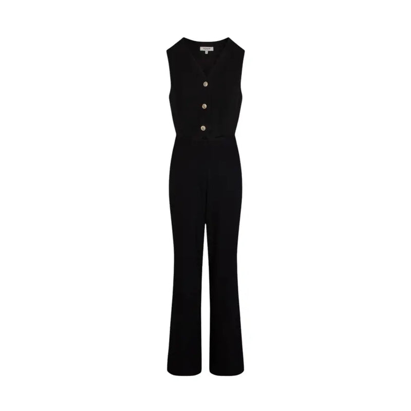 Black sleeveless jumpsuit with v-neckline three gold-toned buttons and pockets in a sleek design