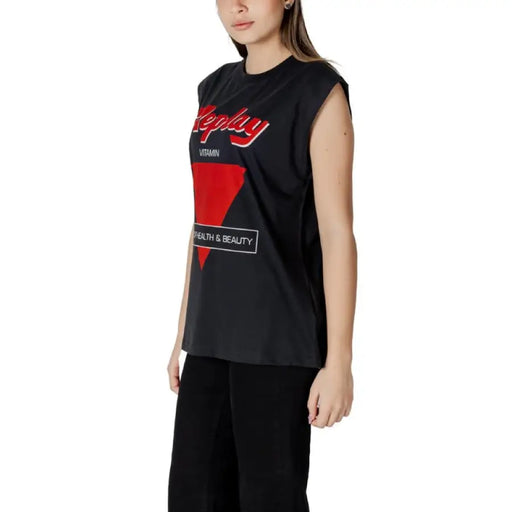 Black sleeveless top with a red and white graphic design for stylish casual wear