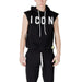 Black sleeveless hoodie and sweatpants set featuring white drawstrings, stylish and comfortable