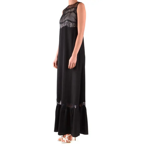 Black sleeveless maxi dress with delicate lace detailing for elegant occasions