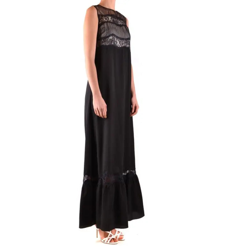 Black sleeveless maxi dress with intricate lace detailing perfect for elegant occasions