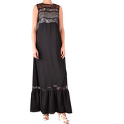 Black sleeveless maxi dress with lace accents, elegant and stylish for formal occasions