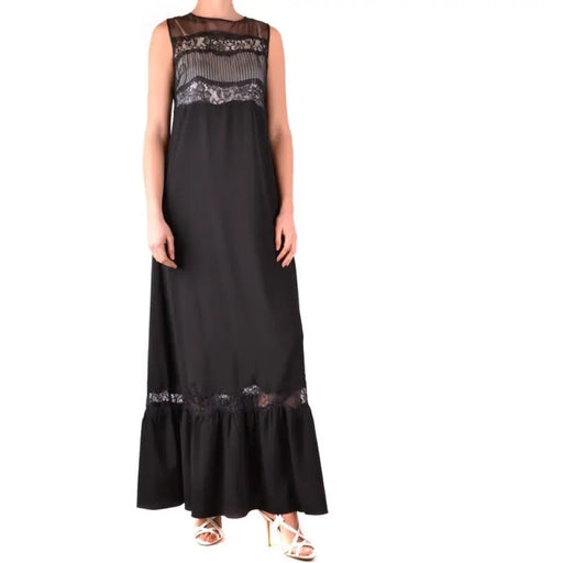 Black sleeveless maxi dress with lace accents, elegant and stylish for formal occasions