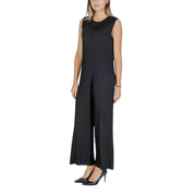 Black sleeveless polyester jumpsuit with pleated bodice wide-leg pants and front zipper closure