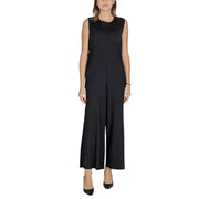 Black sleeveless polyester jumpsuit with pleated bodice wide-leg pants and front zipper closure