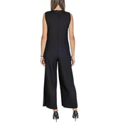 Black sleeveless polyester jumpsuit with zipper featuring pleated design and wide-leg pants for elegant wear