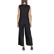 Black sleeveless polyester jumpsuit with zipper featuring pleated design and wide-leg pants for elegant wear