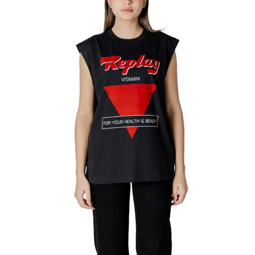 Black sleeveless top with red and white graphic displayed in product Black Sleeveless Top with Red and White Graphic