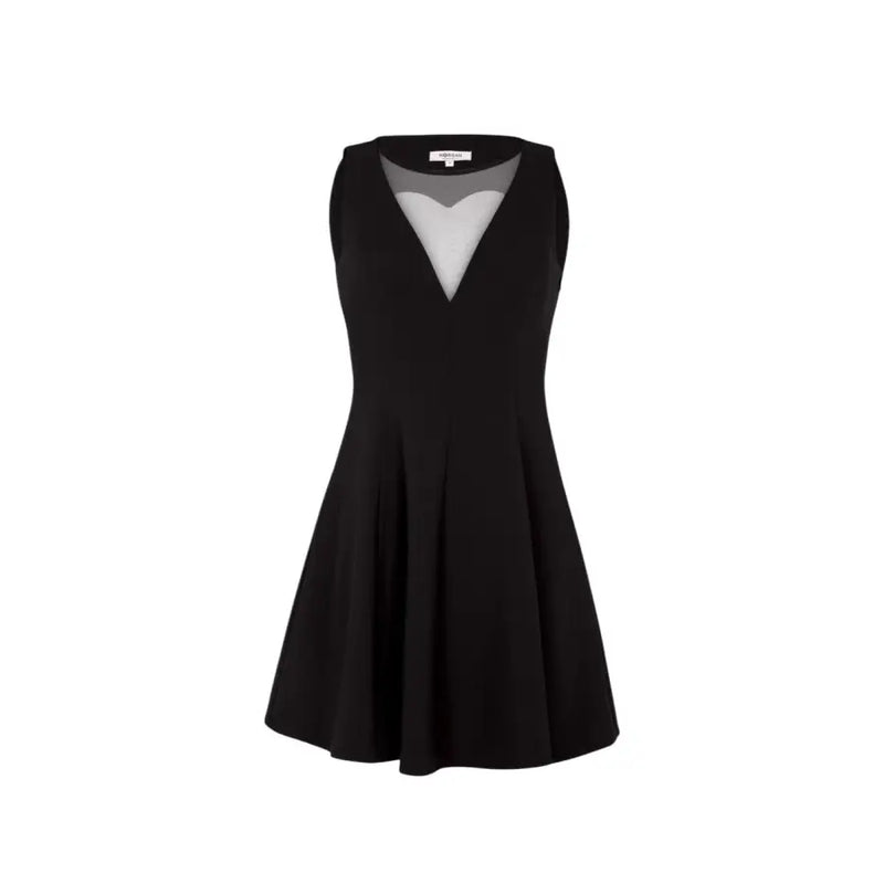 Black sleeveless a-line dress by Morgan De Toi with a sheer gray v-neck panel made from lightweight fabric