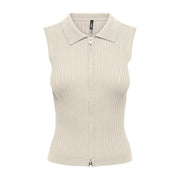 Cream-colored ribbed knit sleeveless zip cardigan for women