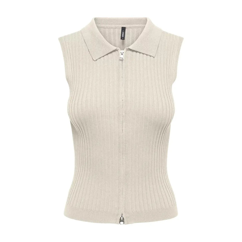 Cream-colored ribbed knit sleeveless zip cardigan for women