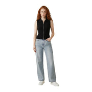 Black sleeveless zip cardigan for women made of ribbed fabric with zipper front and collar detail