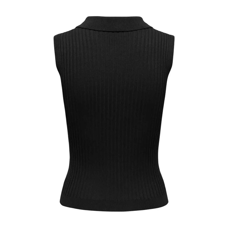 Black sleeveless zip cardigan for women made of ribbed knit material with a collar in black color