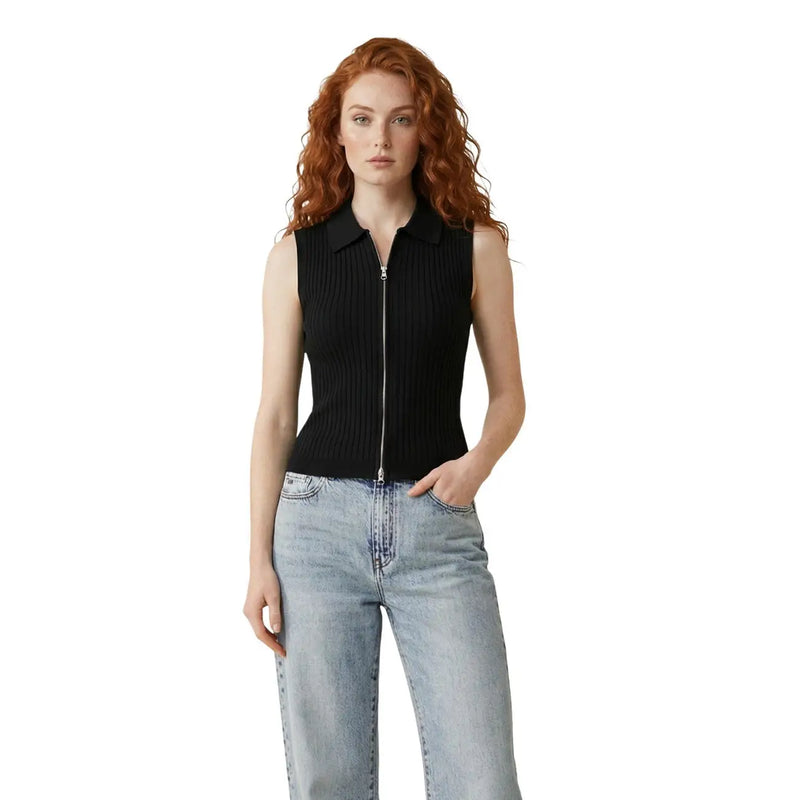 Black sleeveless zip cardigan for women featuring a ribbed knit fabric with a collar and front zipper closure