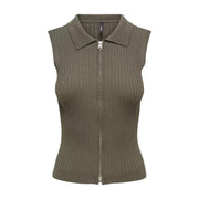 Gilet sans manches zippé en maille côtelée vert olive pour femme, avec col