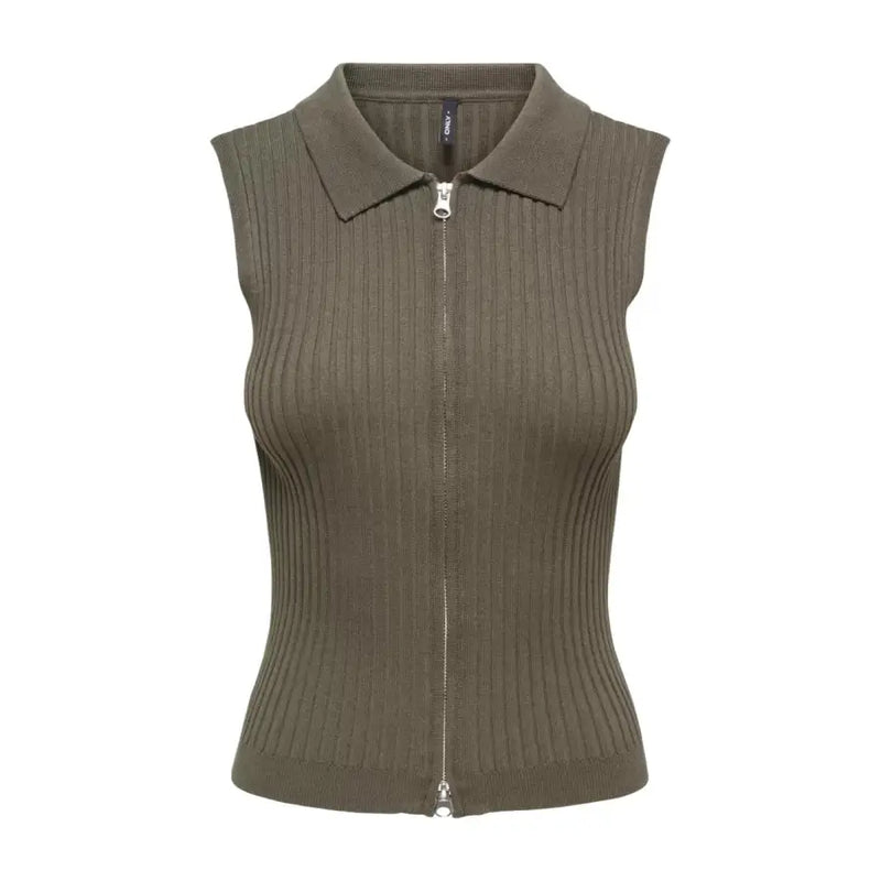 Gilet sans manches zippé en maille côtelée vert olive pour femme, avec col