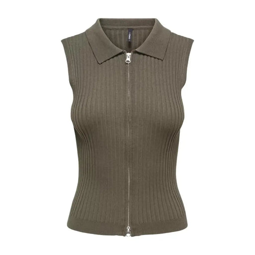 Gilet sans manches zippé en maille côtelée vert olive pour femme, avec col