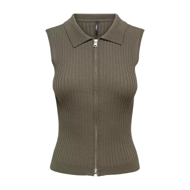 Olive green ribbed knit sleeveless zip cardigan for women with collar