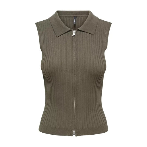 Olive green ribbed knit sleeveless zip cardigan for women with collar