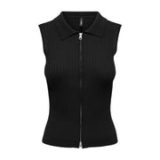 Gilet sans manches zippé en maille côtelée noire pour femme, avec col