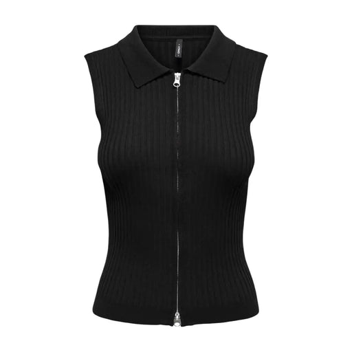 Black sleeveless zip cardigan for women in ribbed knit fabric with collar and front zipper closure