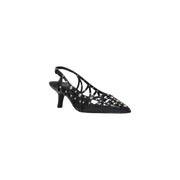 Black leather slingback pump with pointed toe, silver stud embellishments on crisscross straps and heel