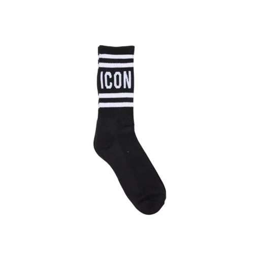 Black sock with white stripes and ICON text, stylish and comfortable footwear accessory