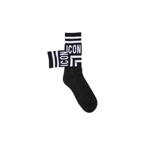 Black sock featuring white ICON lettering and white stripes for stylish footwear