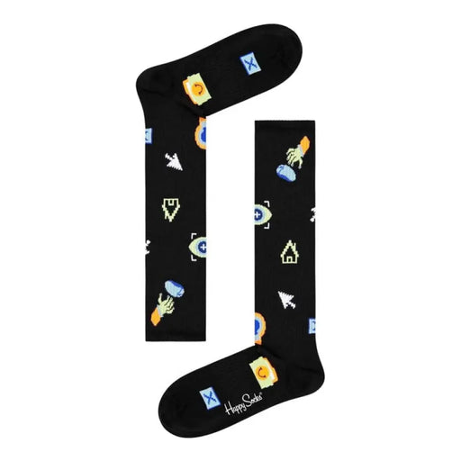 Black socks featuring computer icons, perfect for tech enthusiasts and casual wear
