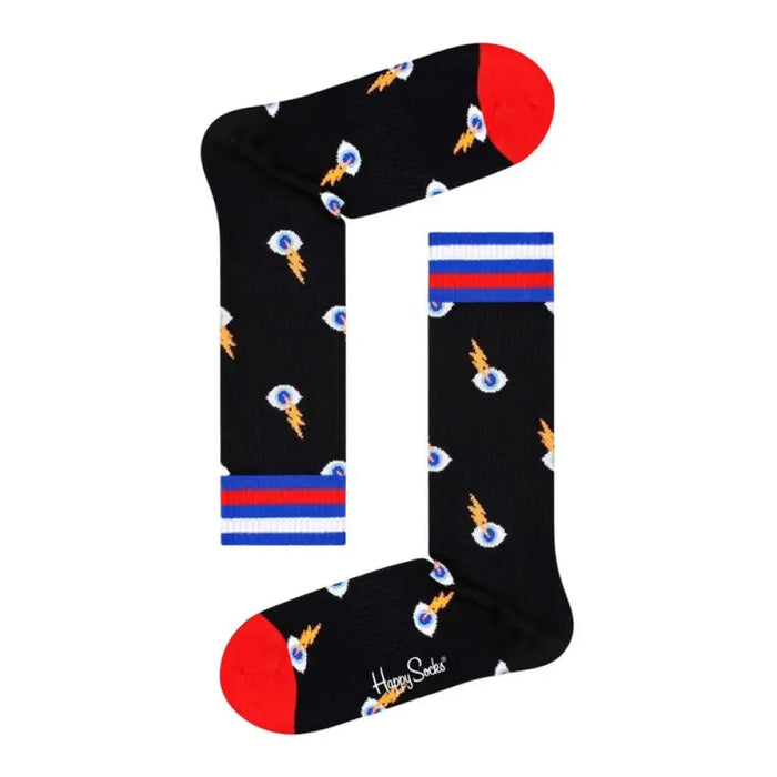 Black socks featuring an eye and lightning bolt pattern for stylish comfort