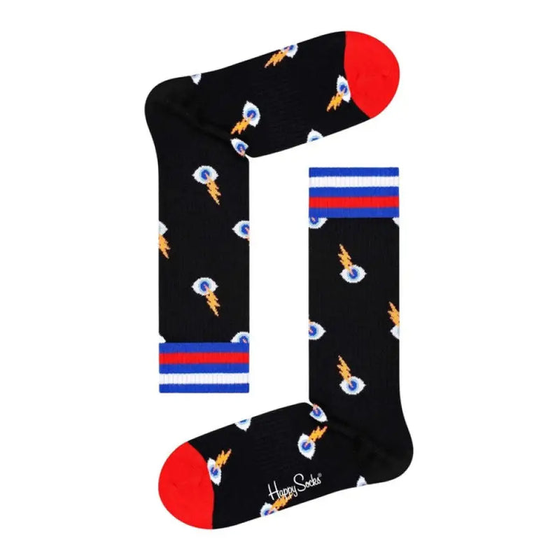 Black socks featuring an eye and lightning bolt pattern for a stylish look