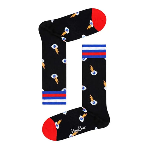 Black socks featuring an eye and lightning bolt pattern for a stylish look