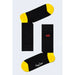 Black socks with yellow toes and heels featuring the Beatles logo for stylish wear