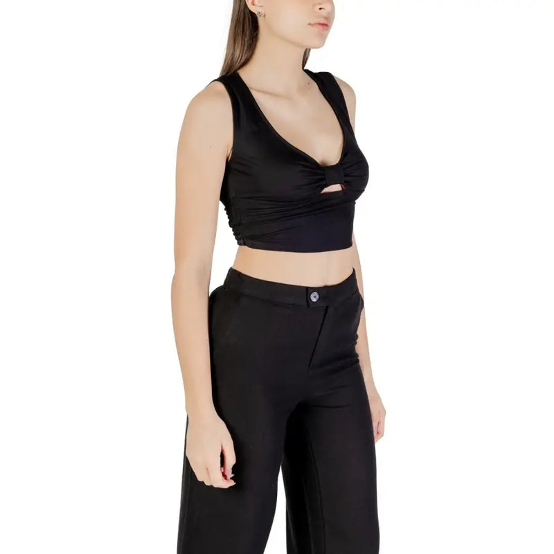 Black satin crop top with deep V-neck and center knot detail
