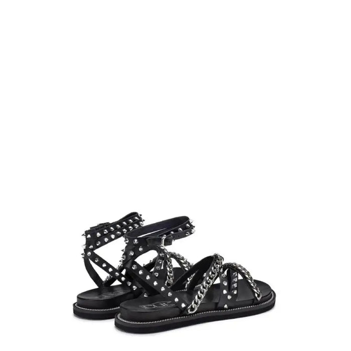 Black studded and chained sandal with ankle strap for stylish footwear