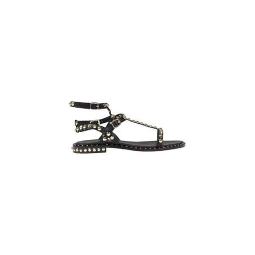 Black studded gladiator sandal with multiple straps and buckle details