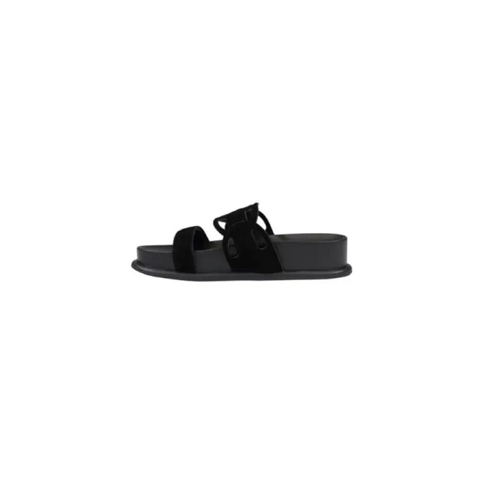 Black suede platform sandal displayed in the product listing