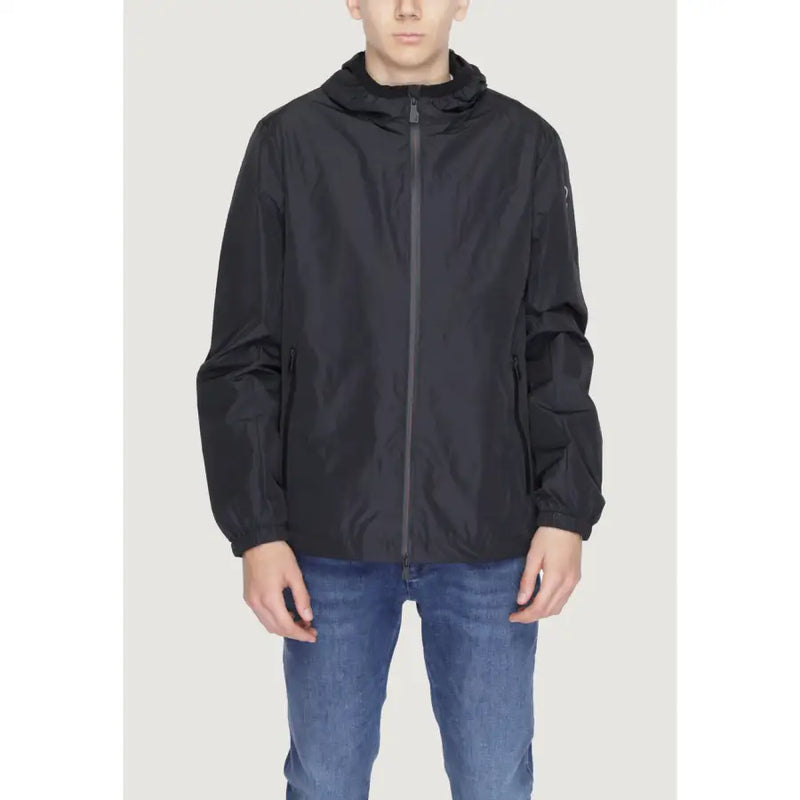 Black suns men’s hooded jacket with full-length zipper and subtle reflective detailing on sleeves for spring and summer use