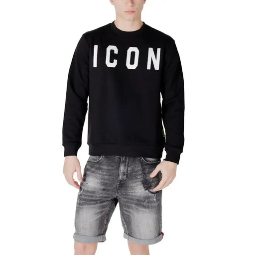 Black sweatshirt featuring white ICON lettering, stylish casual apparel for everyday wear