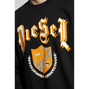 Black diesel sweatshirt in black featuring a bold orange and white embroidered gothic logo above a shield emblem