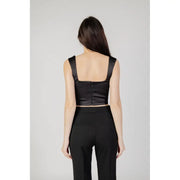 Black satin sweetheart neckline women’s tank top showing back side with square neckline and zipper closure